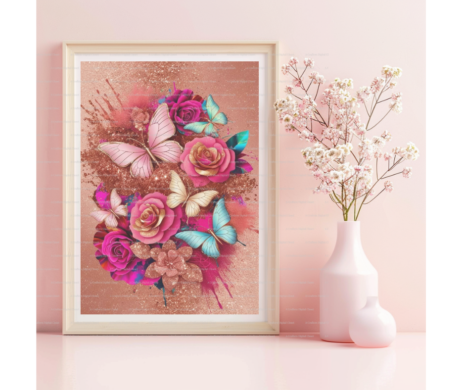 Pink & Teal Butterfly PNG Design | Rose Gold Floral Glitter Splash | Luxury Sublimation Digital Download for Shirts, Tumblers & Crafts