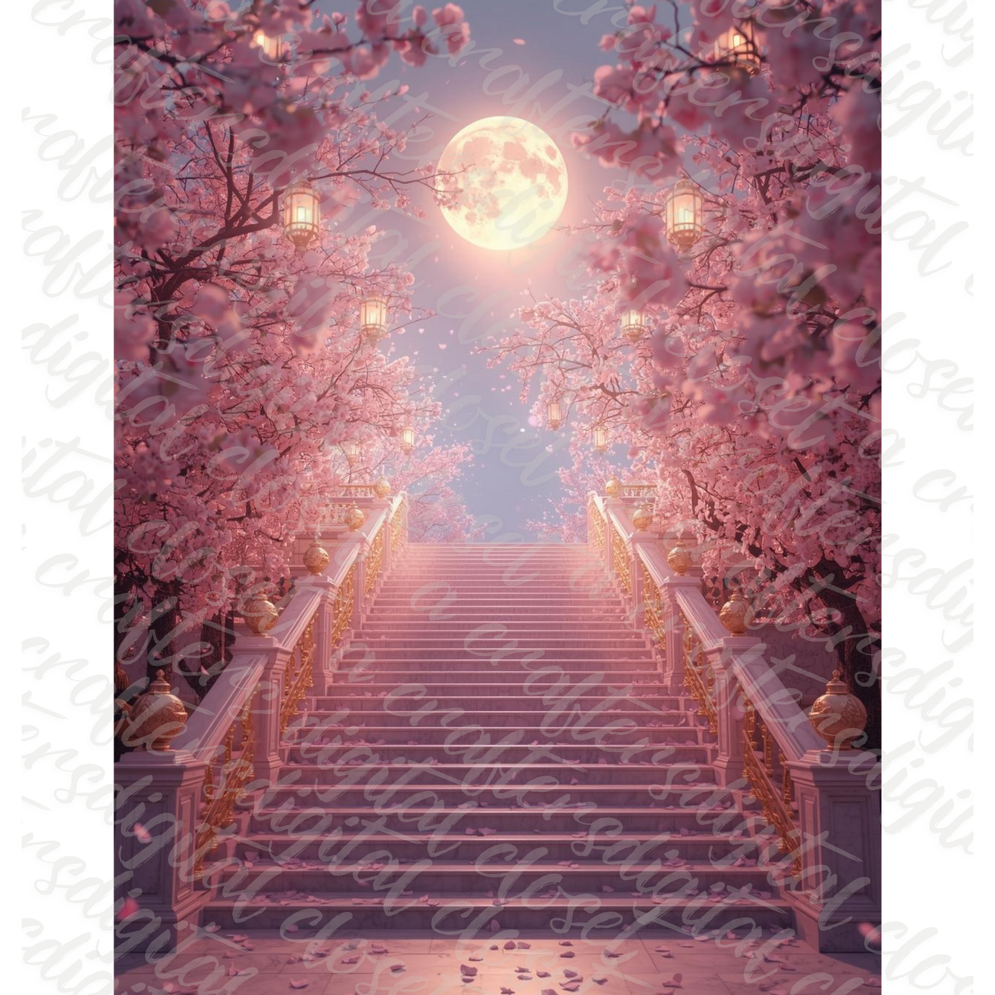 Heavenly Staircase Memorial Background with Cherry Blossoms & Moonlight | Digital Download