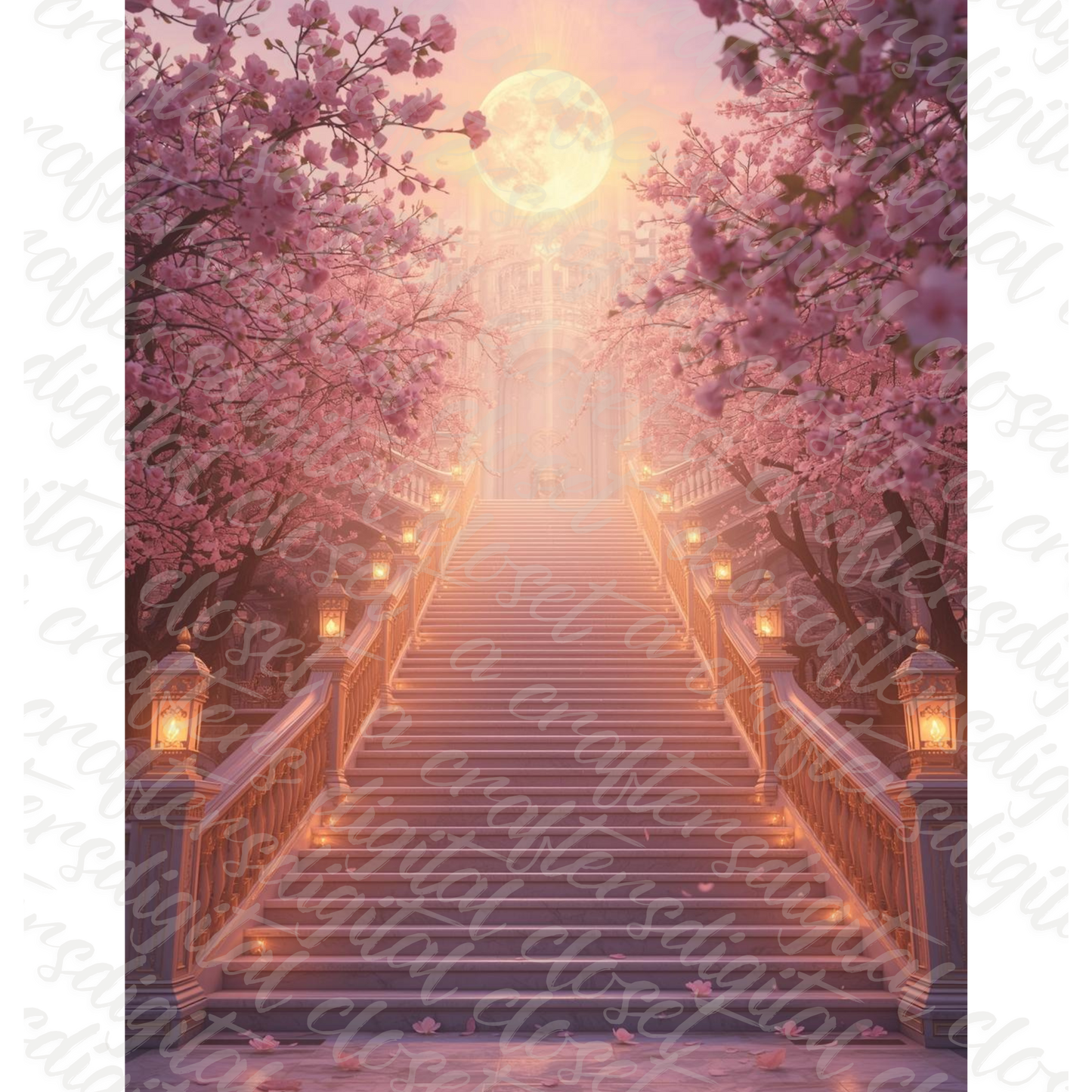 Heavenly Staircase Memorial Background with Cherry Blossoms & Full Moon – Digital Download