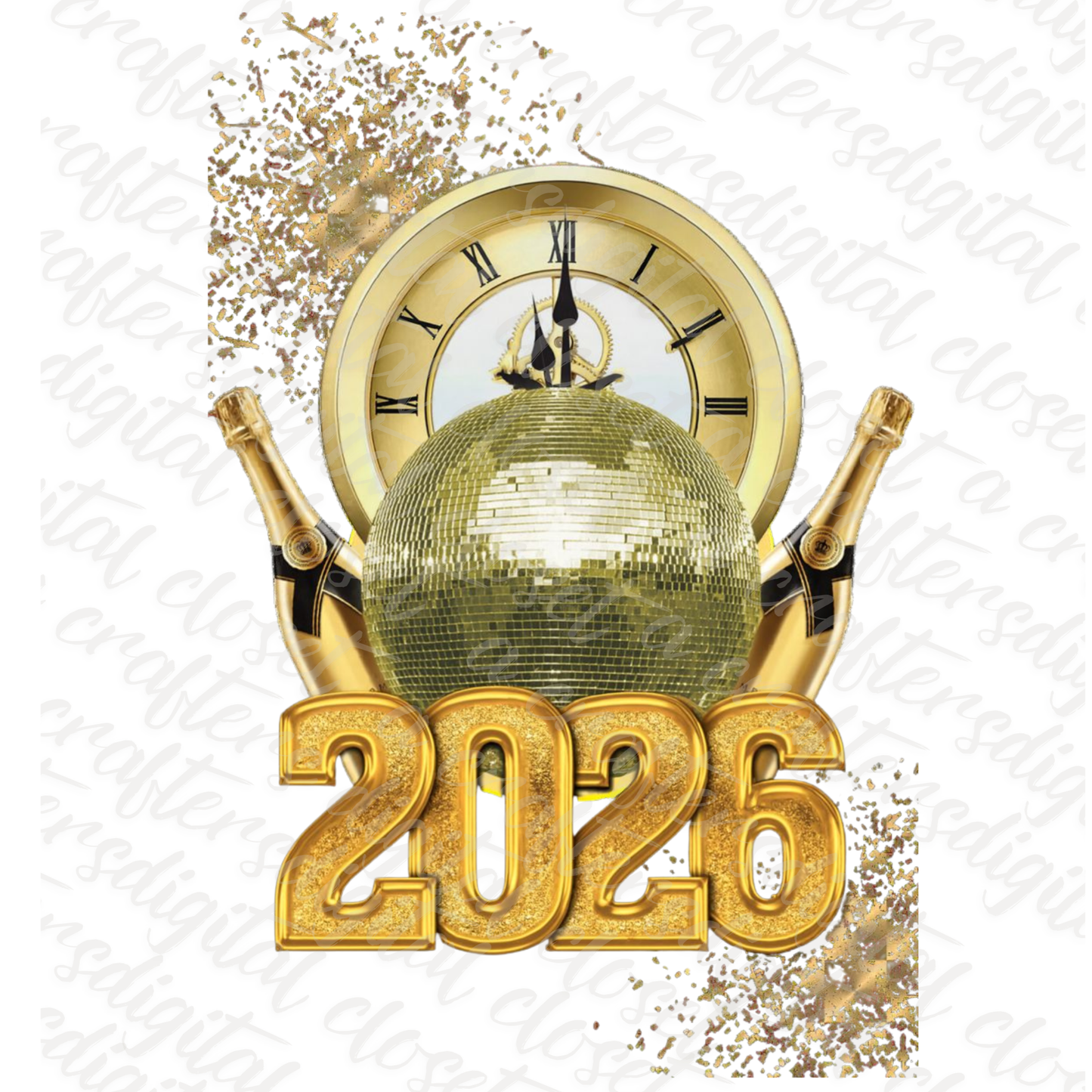 2026 Happy New Year Gold Clock & Champagne Digital Design | New Year Party Graphic Download