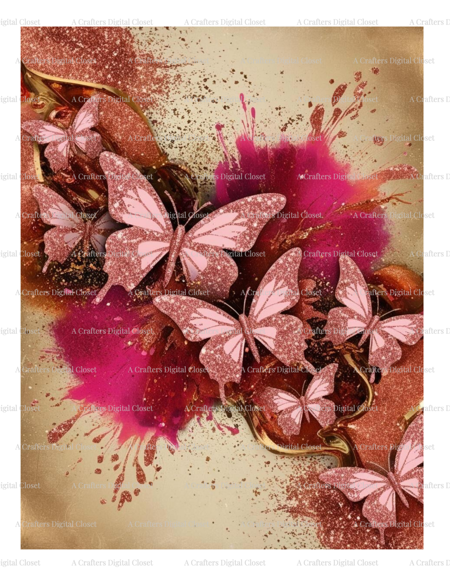 Rose Gold Butterfly Digital Design | Pink Glitter Splash Background for Journals, Tumblers & Sublimation