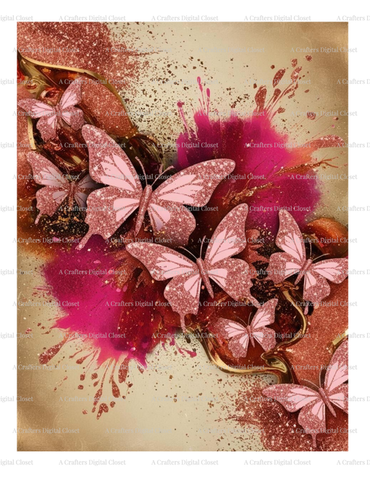 Rose Gold Butterfly Digital Design | Pink Glitter Splash Background for Journals, Tumblers & Sublimation