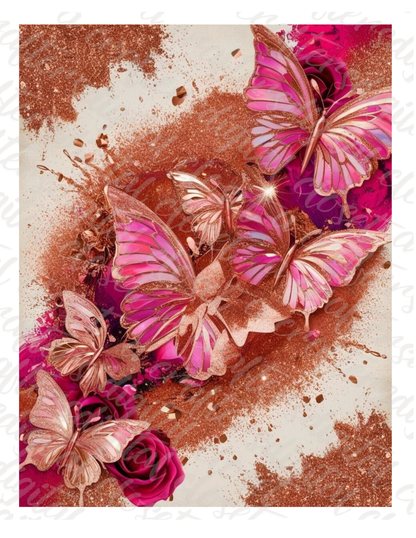 Rose Gold Butterfly PNG Design | Pink Floral Glitter Background | Luxury Digital Download for Shirts, Tumblers & Sublimation Crafts