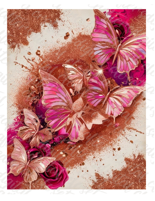 Rose Gold Butterfly PNG Design | Pink Floral Glitter Background | Luxury Digital Download for Shirts, Tumblers & Sublimation Crafts