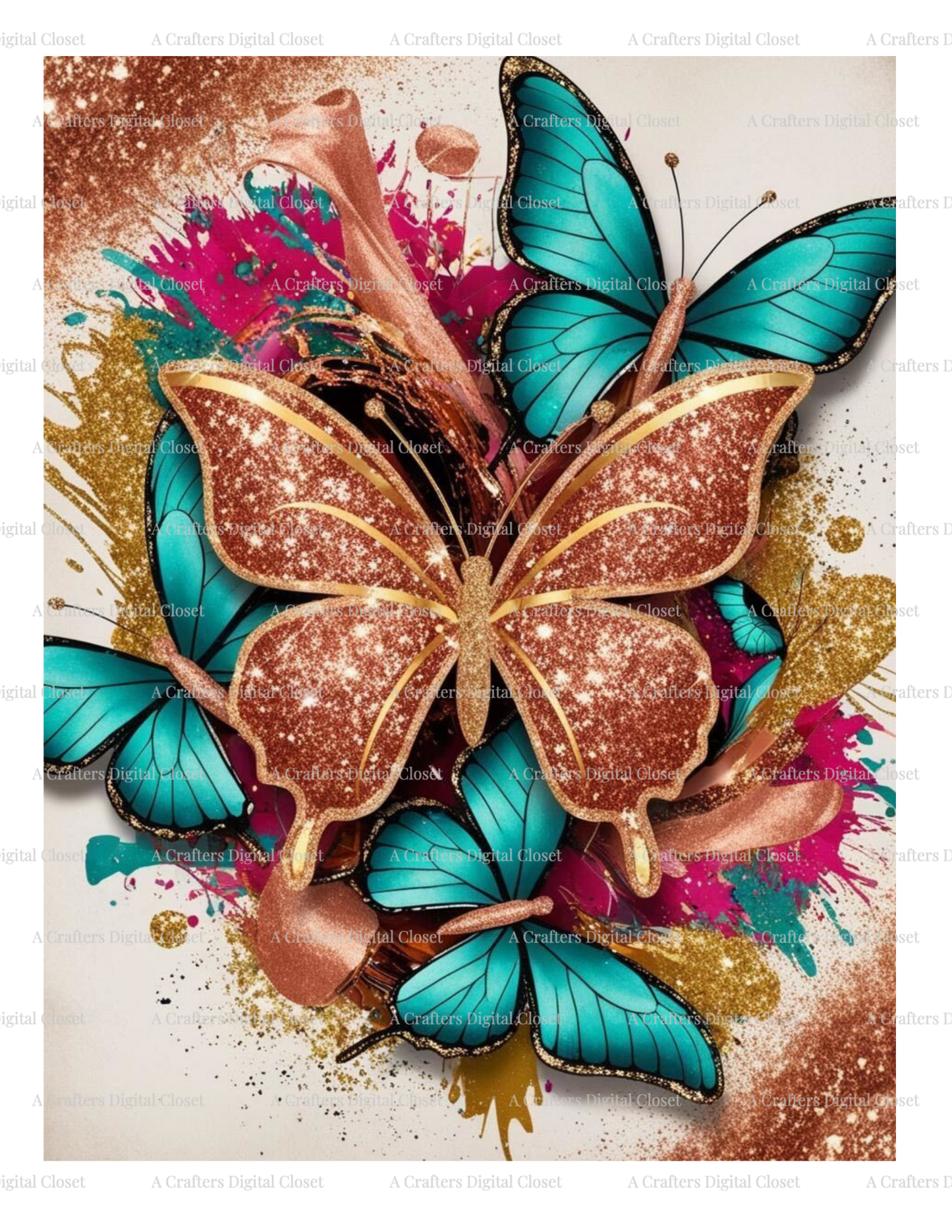 Teal & Rose Gold Butterfly PNG Design | Glitter Splash Luxury Digital Download | Bold Sublimation Design for Shirts, Tumblers & Crafts