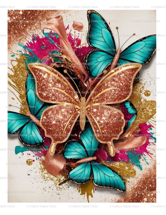Teal & Rose Gold Butterfly PNG Design | Glitter Splash Luxury Digital Download | Bold Sublimation Design for Shirts, Tumblers & Crafts