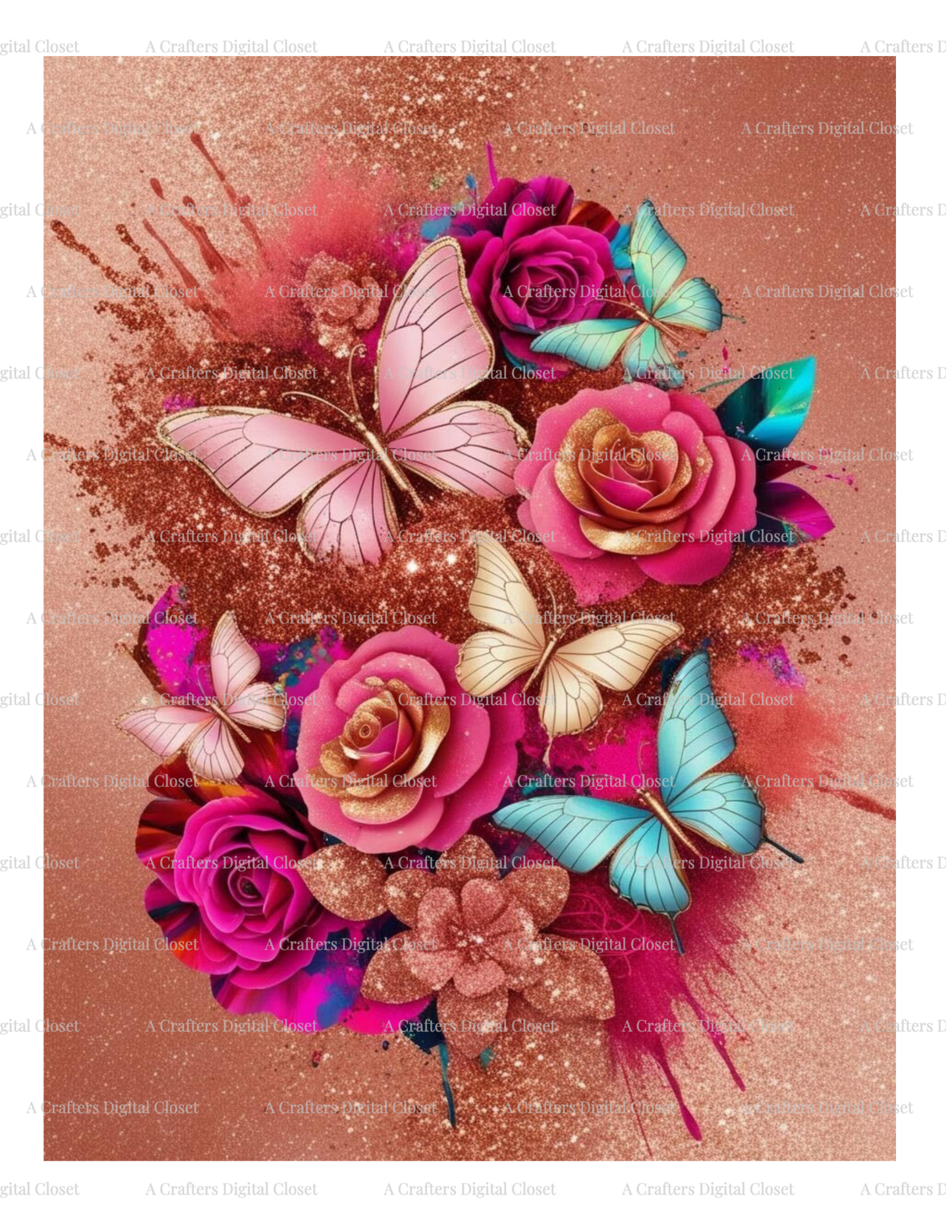 Pink & Teal Butterfly PNG Design | Rose Gold Floral Glitter Splash | Luxury Sublimation Digital Download for Shirts, Tumblers & Crafts