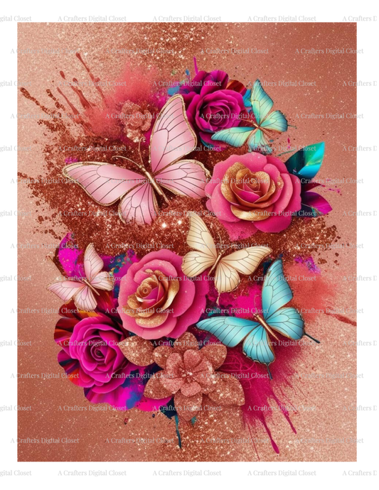 Pink & Teal Butterfly PNG Design | Rose Gold Floral Glitter Splash | Luxury Sublimation Digital Download for Shirts, Tumblers & Crafts