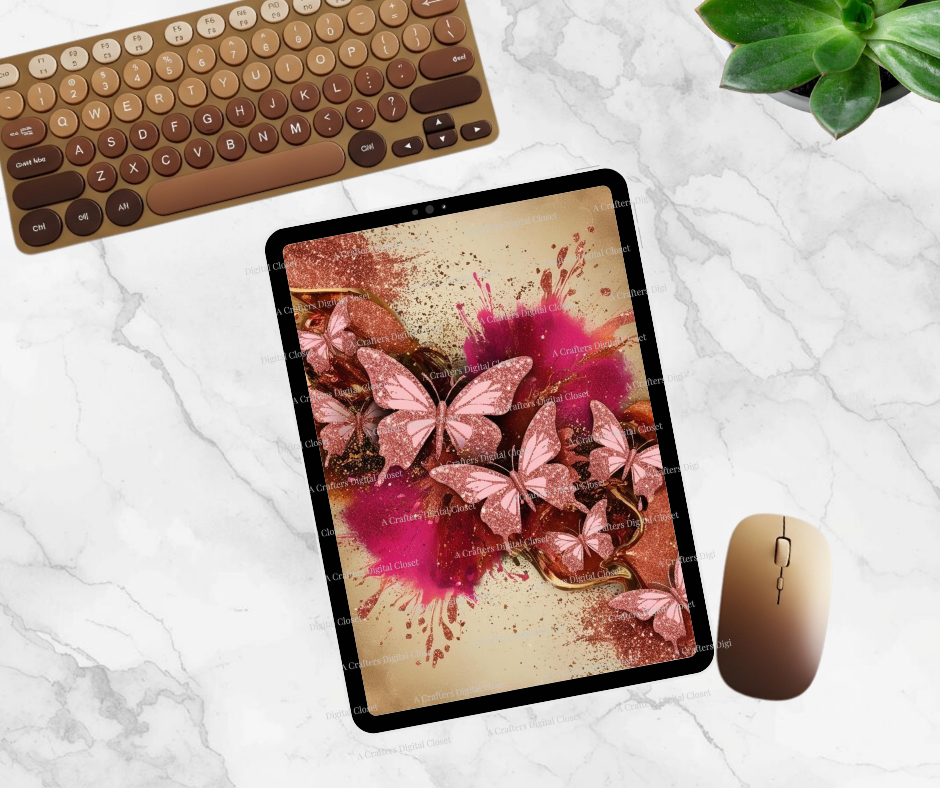 Rose Gold Butterfly Digital Design | Pink Glitter Splash Background for Journals, Tumblers & Sublimation
