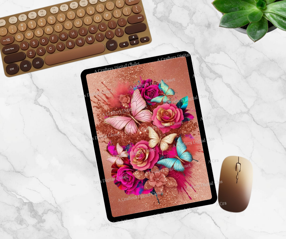 Pink & Teal Butterfly PNG Design | Rose Gold Floral Glitter Splash | Luxury Sublimation Digital Download for Shirts, Tumblers & Crafts
