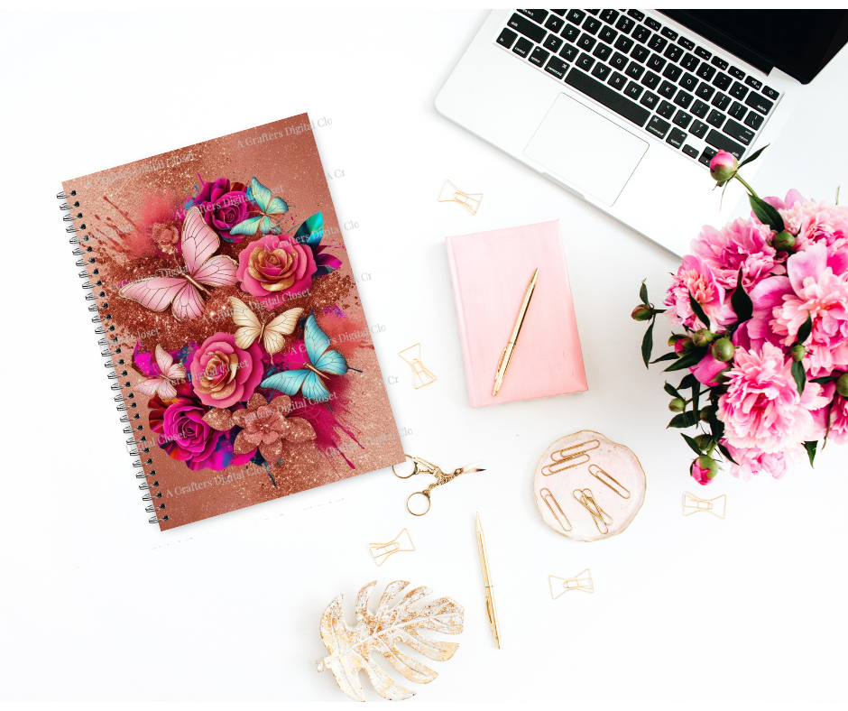 Pink & Teal Butterfly PNG Design | Rose Gold Floral Glitter Splash | Luxury Sublimation Digital Download for Shirts, Tumblers & Crafts