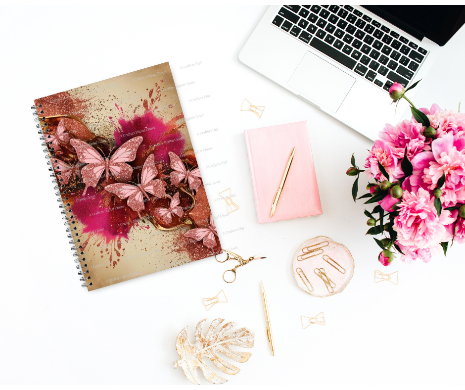 Rose Gold Butterfly Digital Design | Pink Glitter Splash Background for Journals, Tumblers & Sublimation