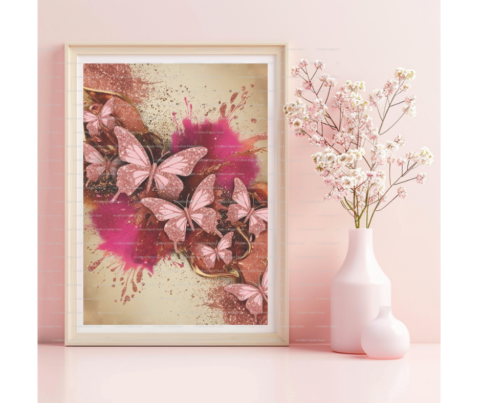 Rose Gold Butterfly Digital Design | Pink Glitter Splash Background for Journals, Tumblers & Sublimation