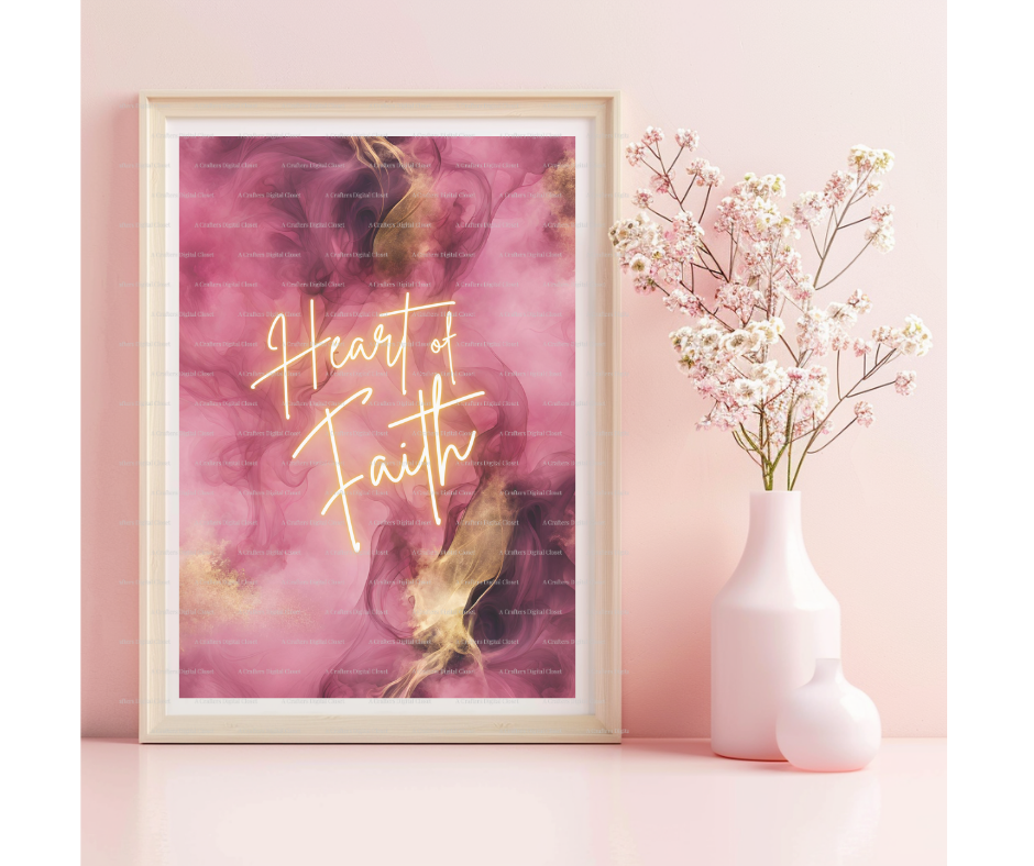 Heart of Faith PNG Design | Christian Inspirational Quote Digital Download | Pink Gold Smoke Background for Shirts, Journals & Wall Art
