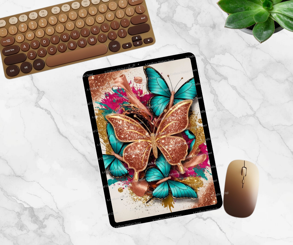 Teal & Rose Gold Butterfly PNG Design | Glitter Splash Luxury Digital Download | Bold Sublimation Design for Shirts, Tumblers & Crafts
