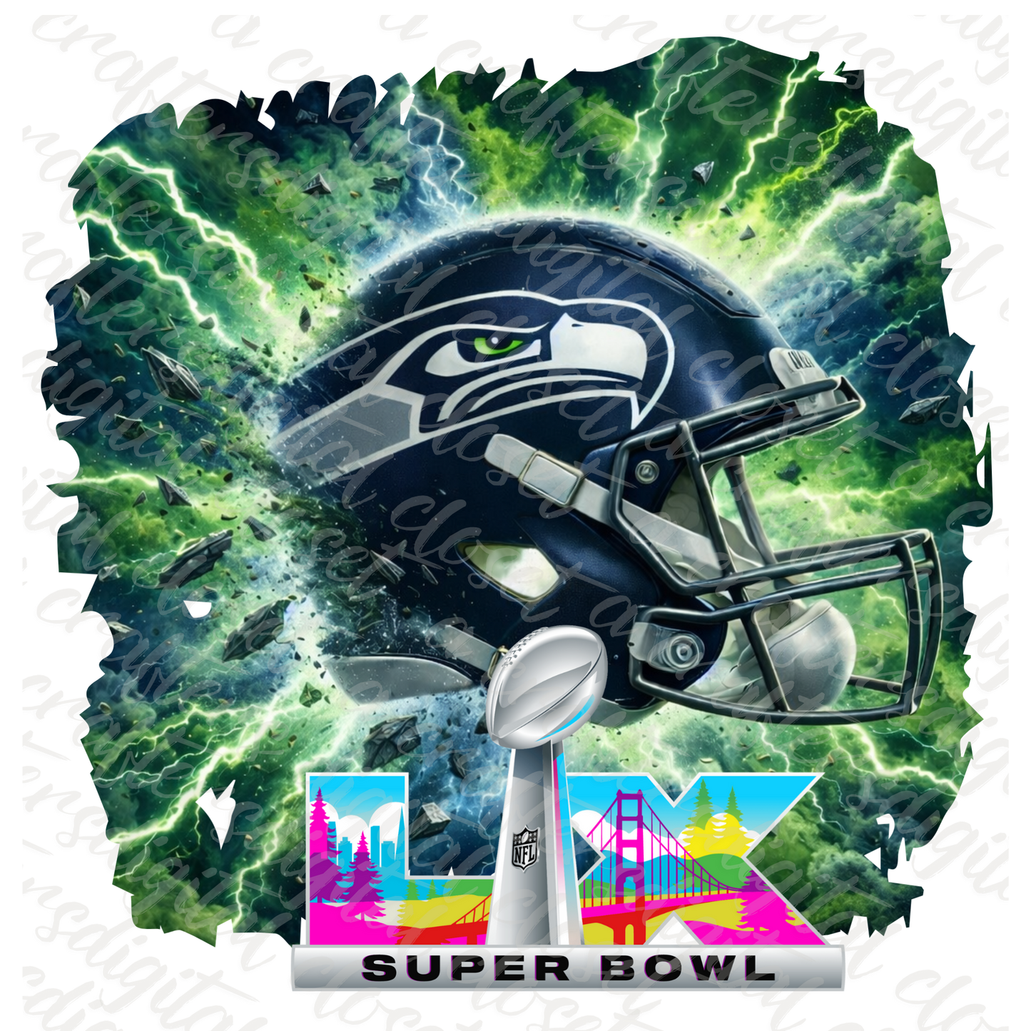 Super Bowl LIX Seahawks Helmet Lightning Digital Design | NFL Football Sublimation PNG Download