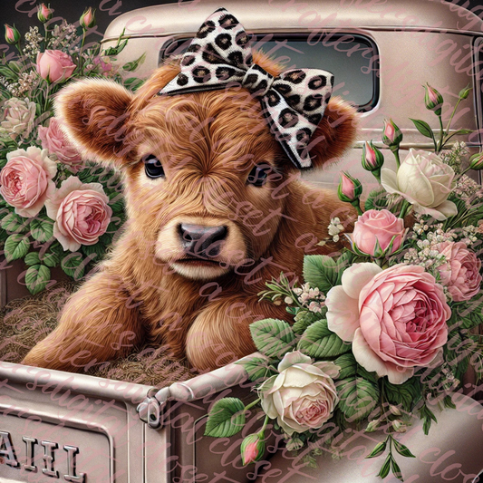 Roses and Baby Highland Cow PNG