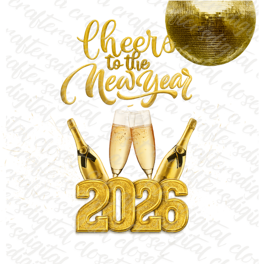 Cheers to the New Year 2026 Gold Champagne Digital Design | New Year Party Graphic Download