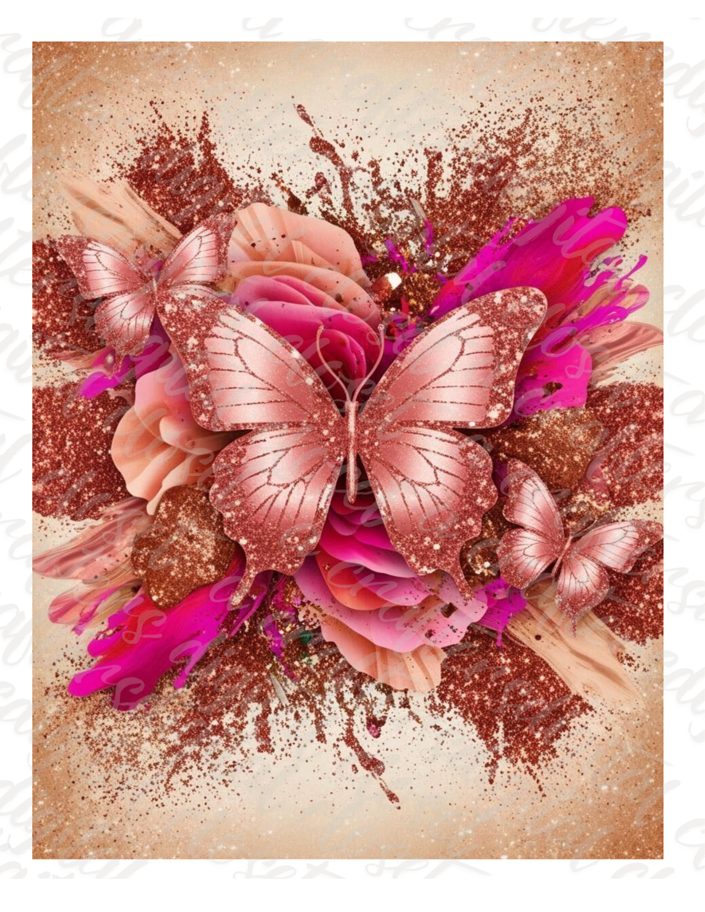 Rose Gold Butterfly Floral Digital Design | Pink Glitter Butterfly PNG for Sublimation & Cricut