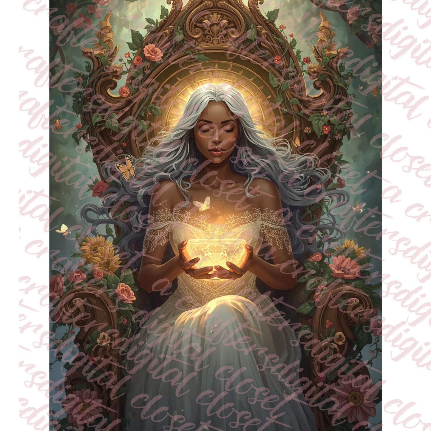 Divine African Goddess Fantasy Art | Spiritual Black Woman Digital Download | Glowing Throne Mystical Wall Art for Journals, Planners & Sublimation