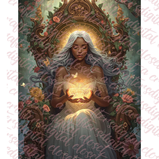 Divine African Goddess Fantasy Art | Spiritual Black Woman Digital Download | Glowing Throne Mystical Wall Art for Journals, Planners & Sublimation