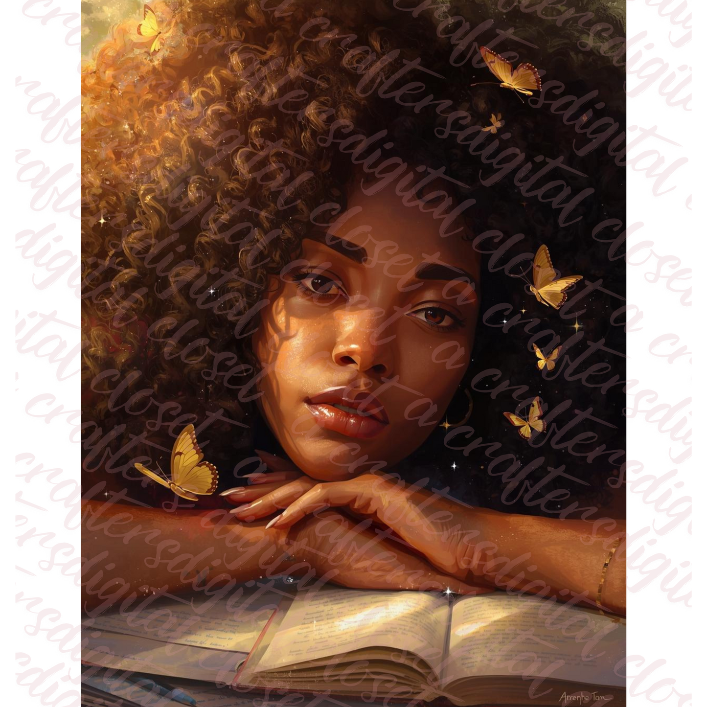 Afrocentric Curly Hair Goddess Digital Art | Black Girl Reading Wall Art | Journaling Aesthetic Digital Download for Planners, Decor & Sublimation