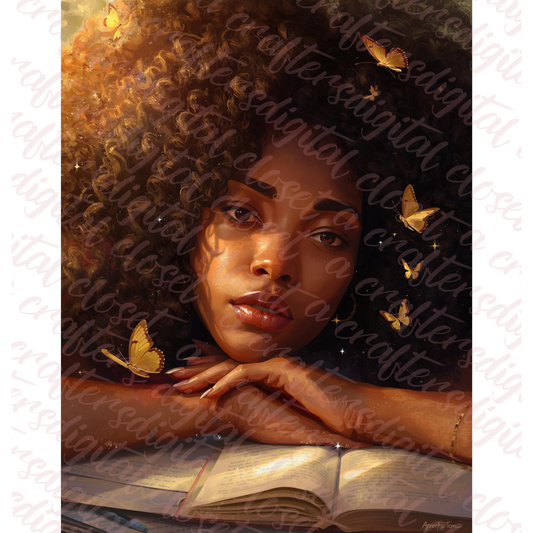 Afrocentric Curly Hair Goddess Digital Art | Black Girl Reading Wall Art | Journaling Aesthetic Digital Download for Planners, Decor & Sublimation