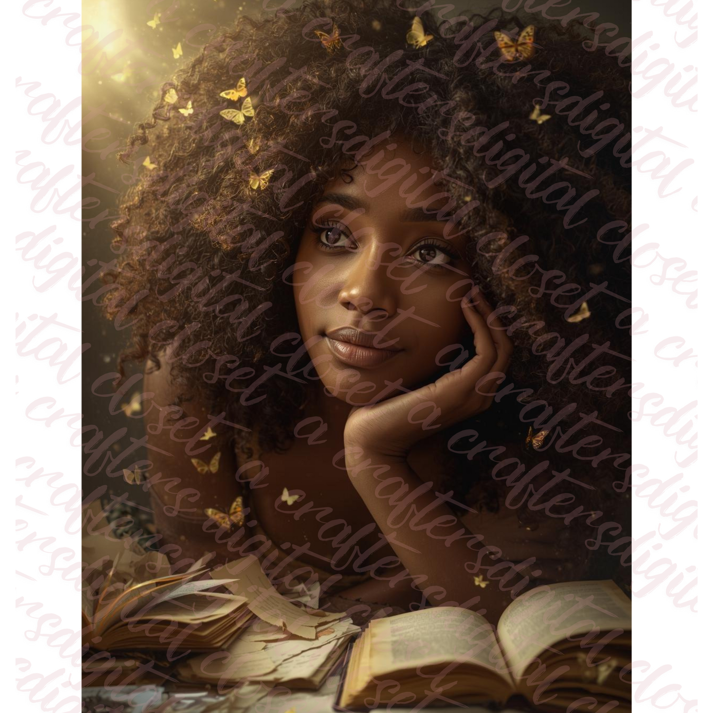 Afrocentric Reading Girl Digital Art | Black Woman Curly Hair Wall Art | Golden Butterflies Journaling Aesthetic Digital Download for Decor & Sublimation