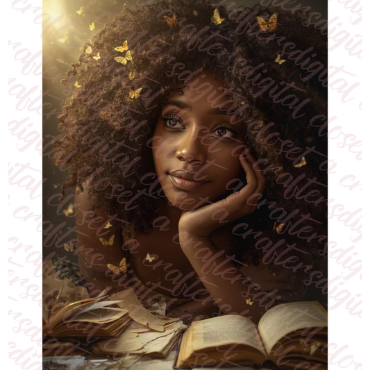 Afrocentric Reading Girl Digital Art | Black Woman Curly Hair Wall Art | Golden Butterflies Journaling Aesthetic Digital Download for Decor & Sublimation