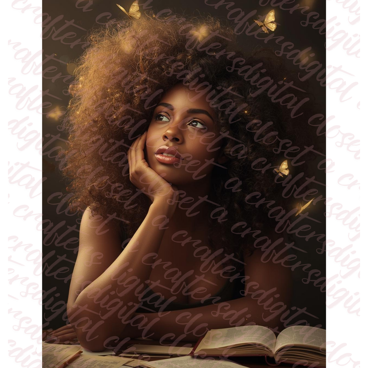 Afrocentric Curly Hair Digital Art | Black Woman Reading Wall Art | Golden Butterfly Aesthetic Digital Download for Journals, Sublimation & Home Decor