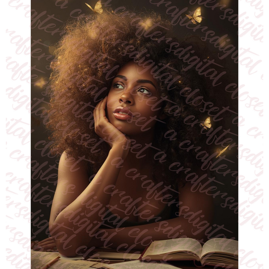 Afrocentric Curly Hair Digital Art | Black Woman Reading Wall Art | Golden Butterfly Aesthetic Digital Download for Journals, Sublimation & Home Decor