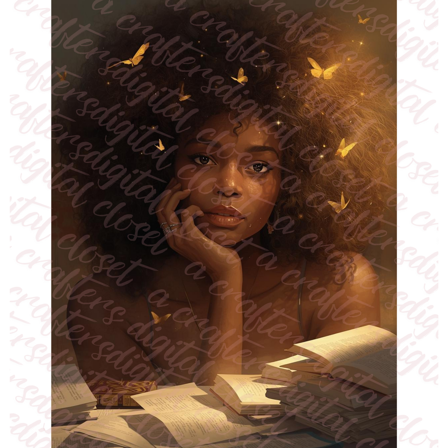 Afrocentric Curly Hair Digital Art | Black Woman Reading Wall Art | Golden Butterfly Aesthetic Digital Download for Journals, Sublimation & Home Decor