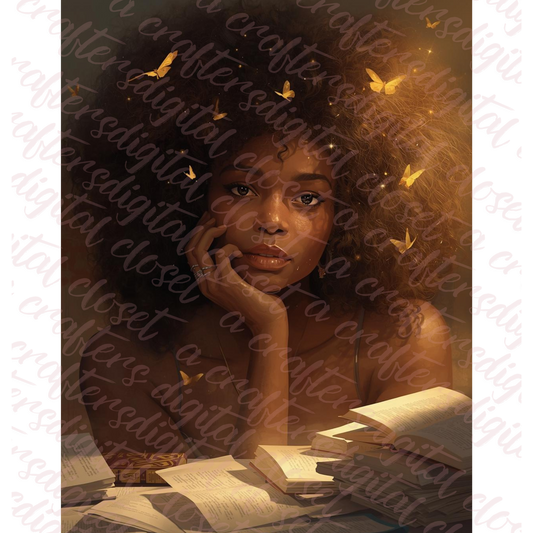 Afrocentric Curly Hair Digital Art | Black Woman Reading Wall Art | Golden Butterfly Aesthetic Digital Download for Journals, Sublimation & Home Decor