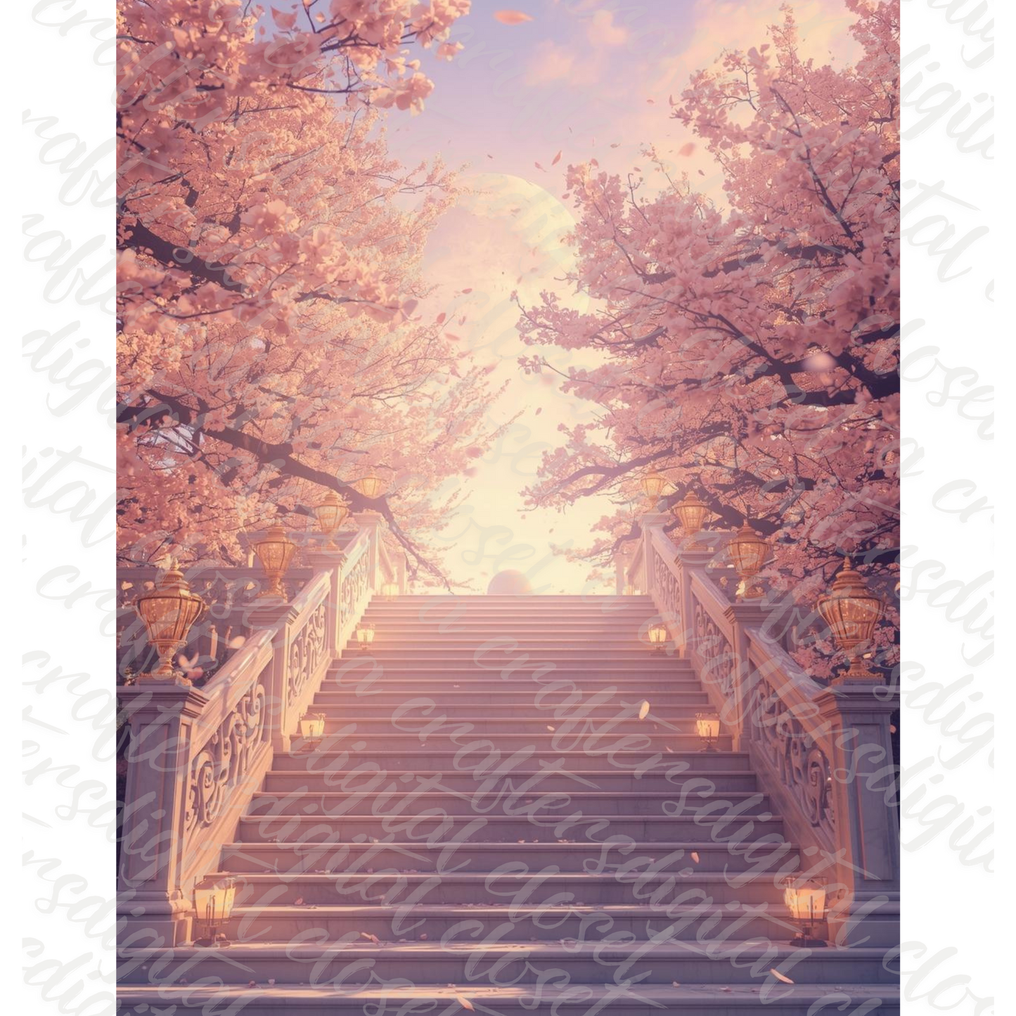Ethereal Memorial Staircase Background – Cherry Blossom Heaven Scene | Digital Download