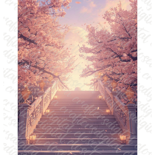 Ethereal Memorial Staircase Background – Cherry Blossom Heaven Scene | Digital Download
