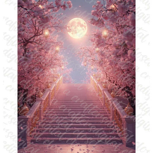 Heavenly Staircase Memorial Background with Cherry Blossoms & Moonlight | Digital Download