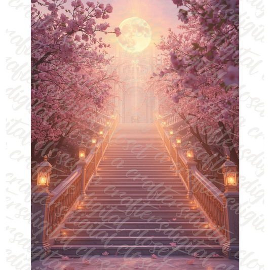 Heavenly Staircase Memorial Background with Cherry Blossoms & Full Moon – Digital Download