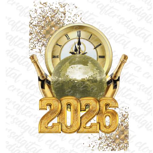 2026 Happy New Year Gold Clock & Champagne Digital Design | New Year Party Graphic Download